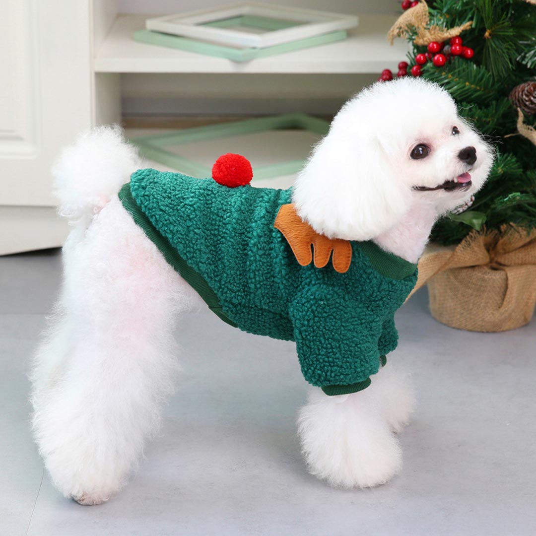 Pulover za pse "Jelenček Rudolf" - zelena barva, udobno nošenje