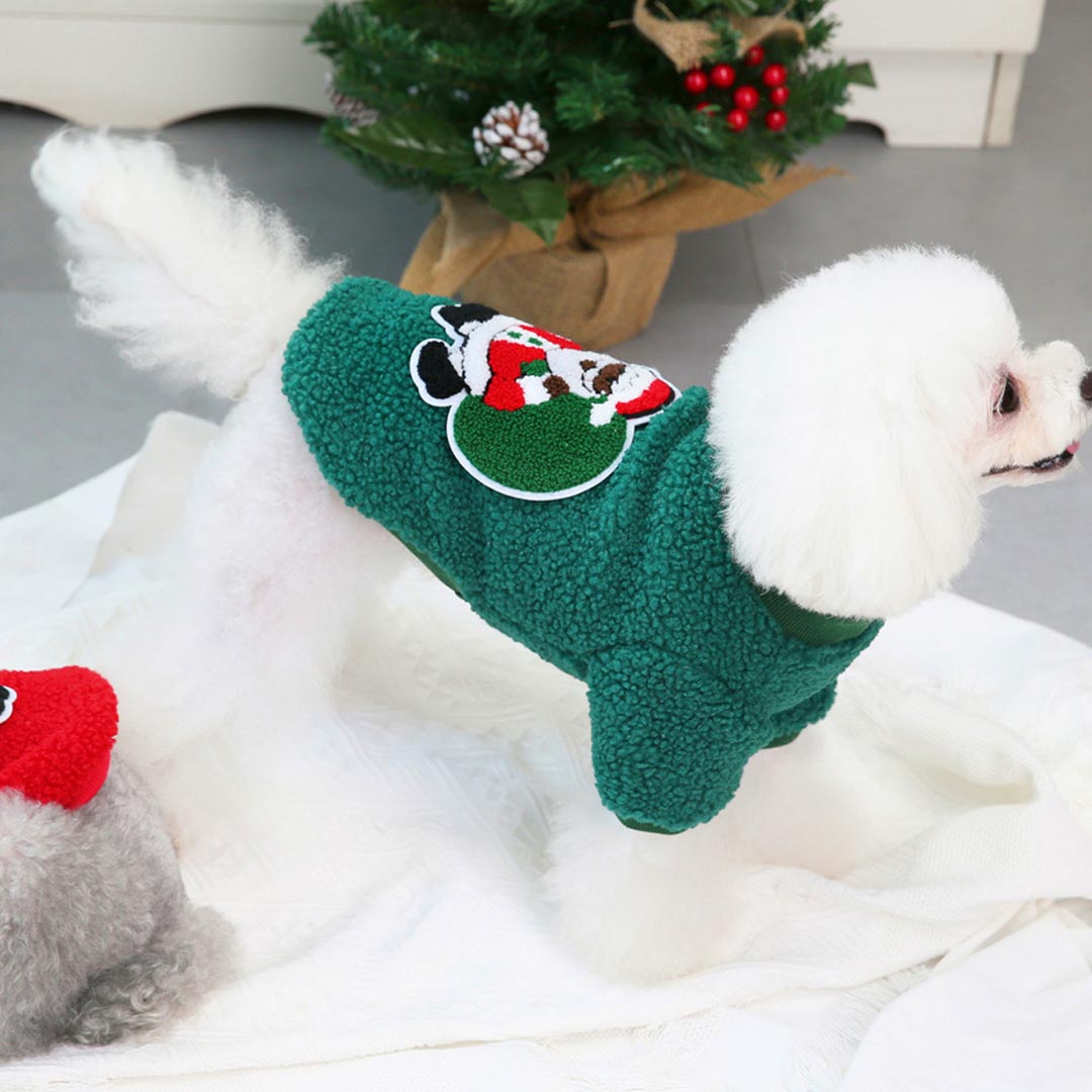 Božično novoletni pulover za pse - zelena barva, našita aplikacija