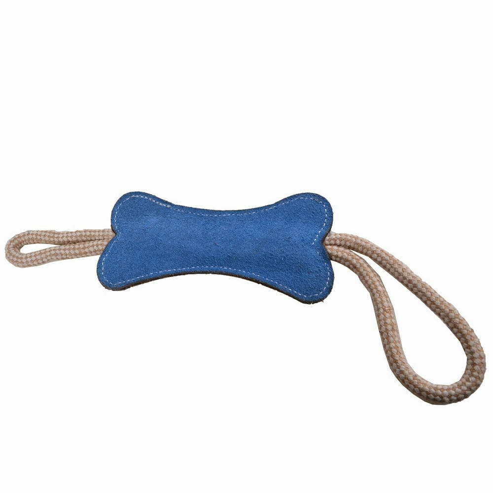 GogiPet® usnjena kost modre barve je izdelana iz usnja, jute in bombaža - igrača za pse iz naravnih materialov