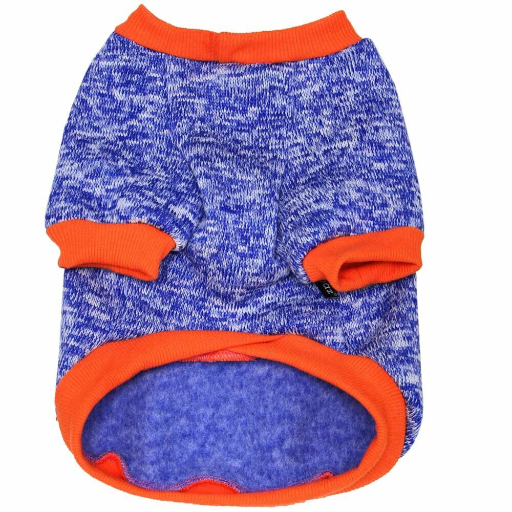 Pleten pulover za psa "Pretty eyes" - modra barva, rdeča obroba na rokavih, ovratniku in hrbtnem delu