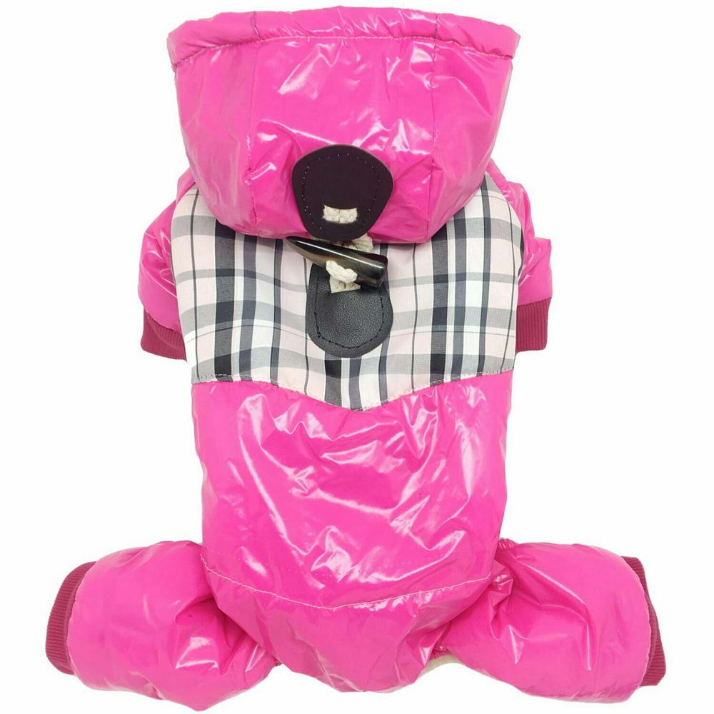 Zimski kombinezon za pse "Burberry Pink" - rožnata barva, okrasni gumb za kapuco