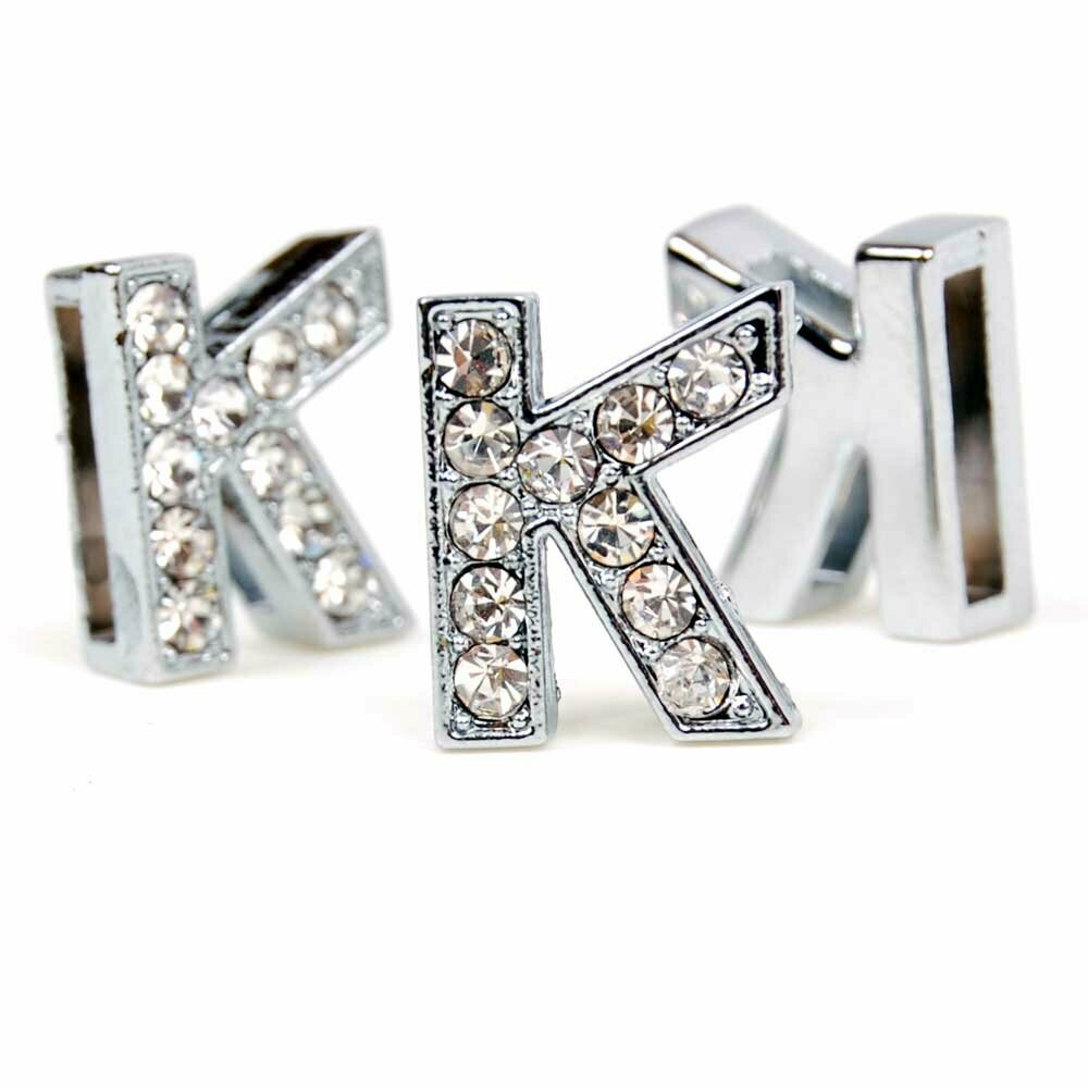 Kovinska črka K s kristali 14 mm za oblikovanje napisa na ovratnici psa ali mačke vsebuje 11 kristalov