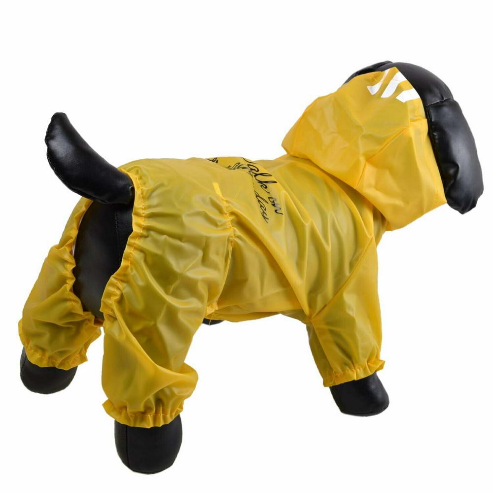 Lahek rumen dežni plašček za pse "Walking In The Rain" - kroj štiri tačke in kapuca z odsevnimi trakovi