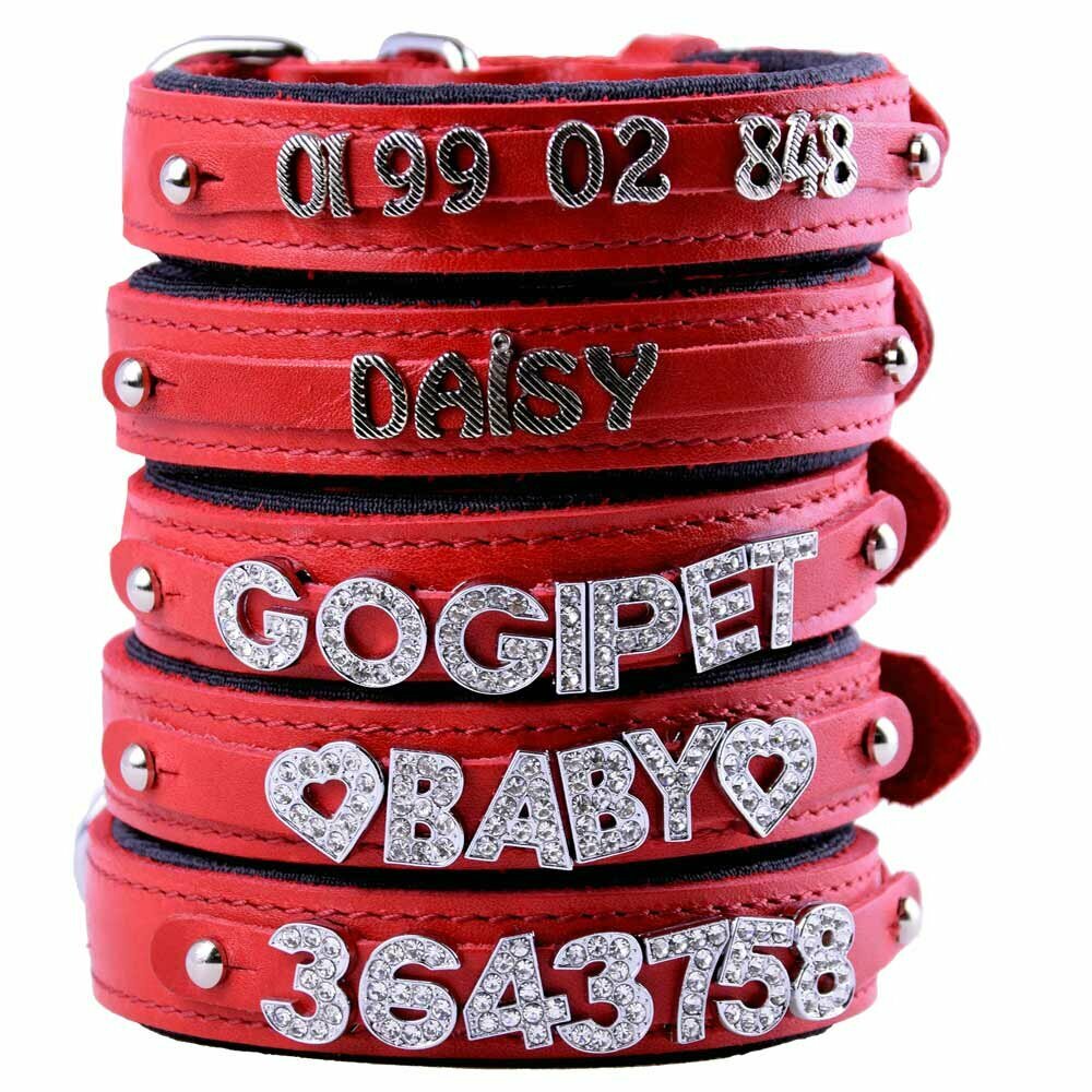 GogiPet® usnjena ovratnica za imena in številke - rdeča barva