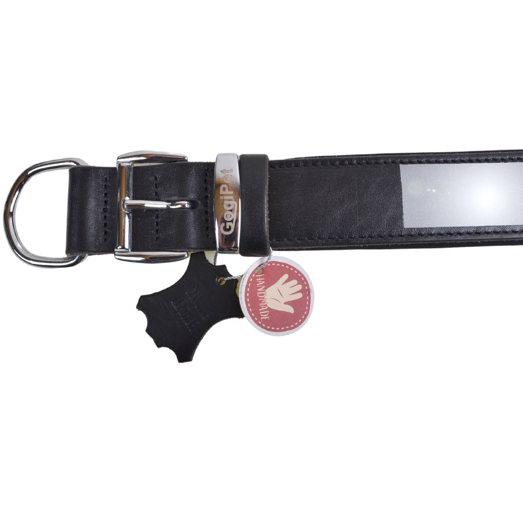Ročno izdelana, usnjena odsevna ovratnica za psa GogiPet® - črna barva