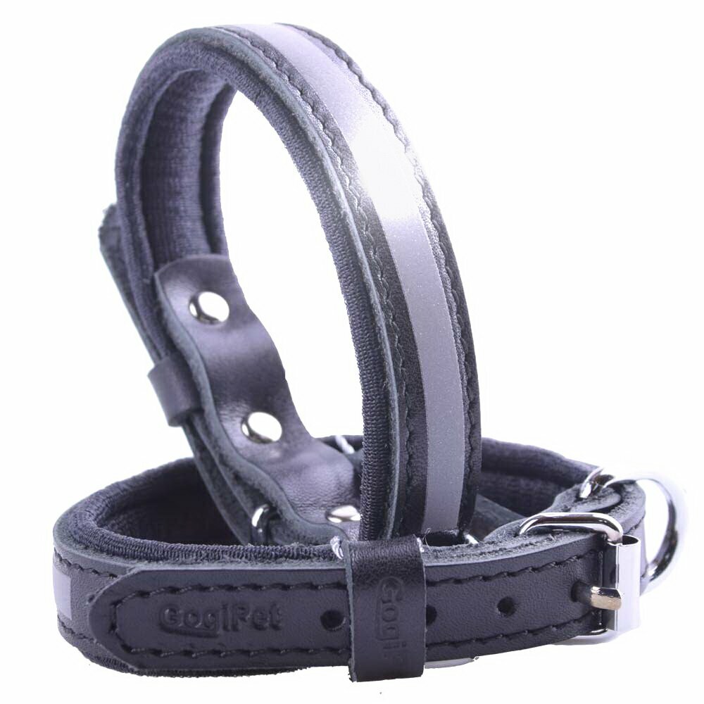Usnjena odsevna ovratnica za psa GogiPet® - črna barva, kovinski deli nimajo ostrih robov