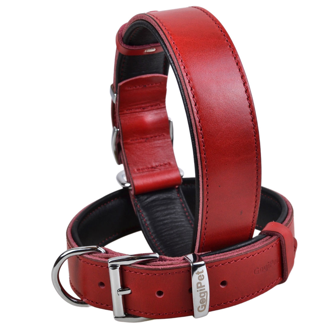 GogiPet® usnjena ovratnica za psa - rdeča barva
