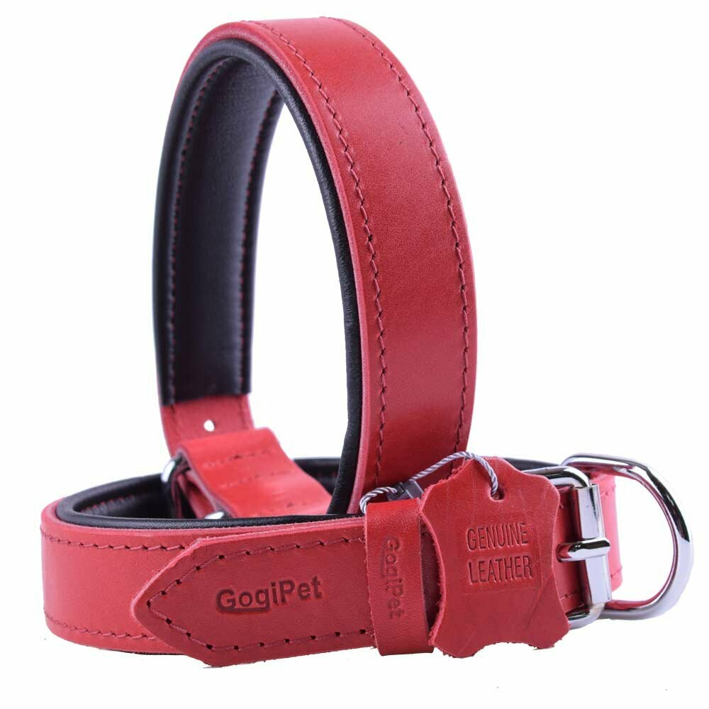GogiPet® Mehka usnjena ovratnica za pse rdeča s 55 cm