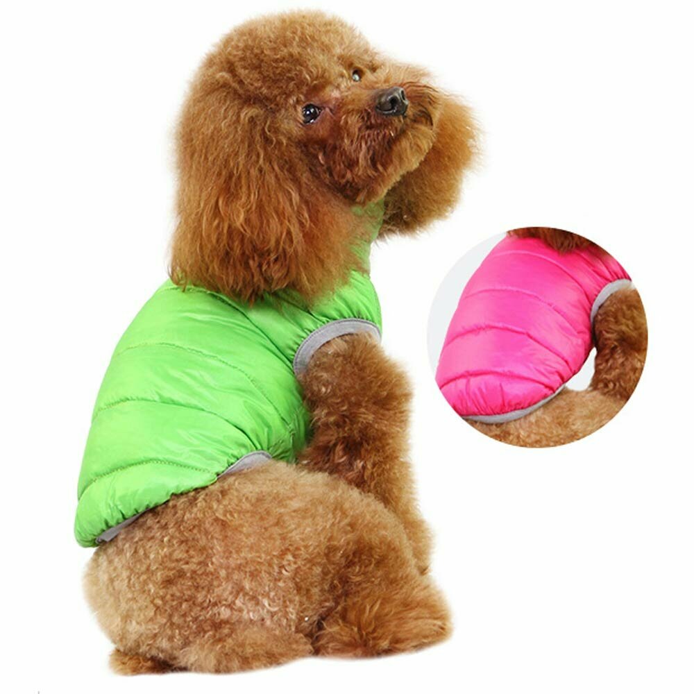 Dvostranska puhovka za psa - pink in zelena barva, zapenjanje na mehke pritiskače