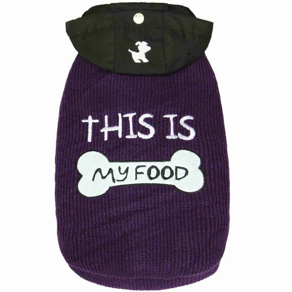 GogiPet pleten pulover s kapuco - vijolična barva in vezena aplikacija "This is my food"