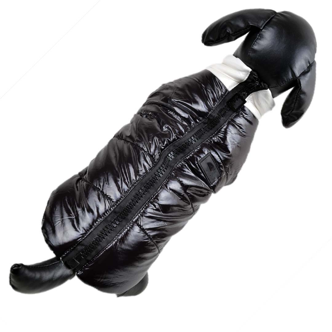 Podložen, zimski anorak za pse z zapenjanjem na hrbtu - črna barva