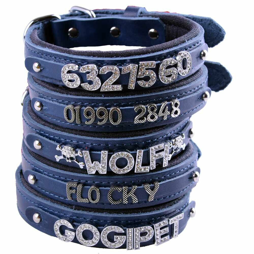 GogiPet® usnjena ovrtanica za imena iz kristalnih in kovinskih črk - modra barva
