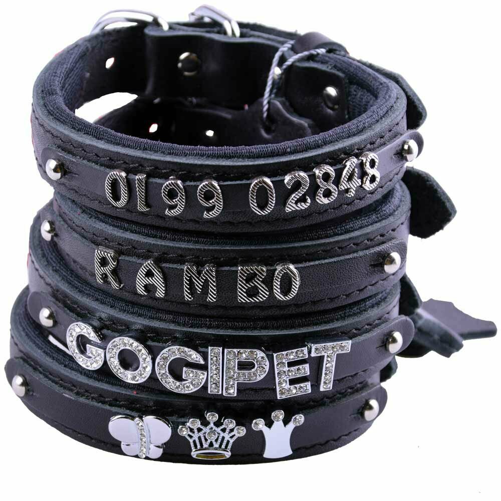 GogiPet® usnjena ovratnica za imena in številke s kristali - črna barva