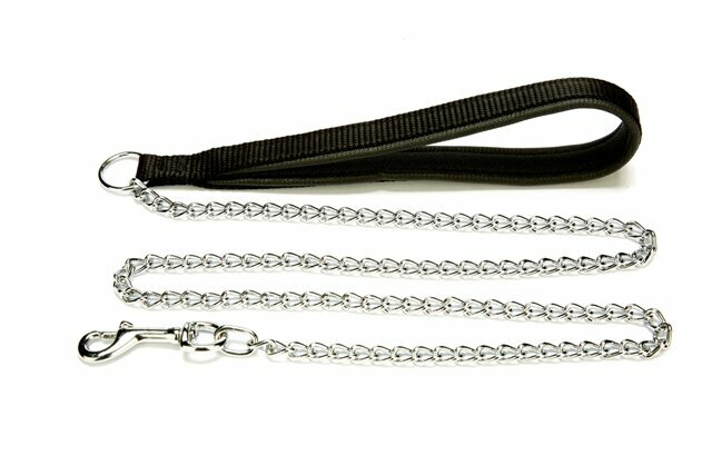 GogiPet® črni povodec z verigo in podloženim ročajem - polžasto pletena veriga