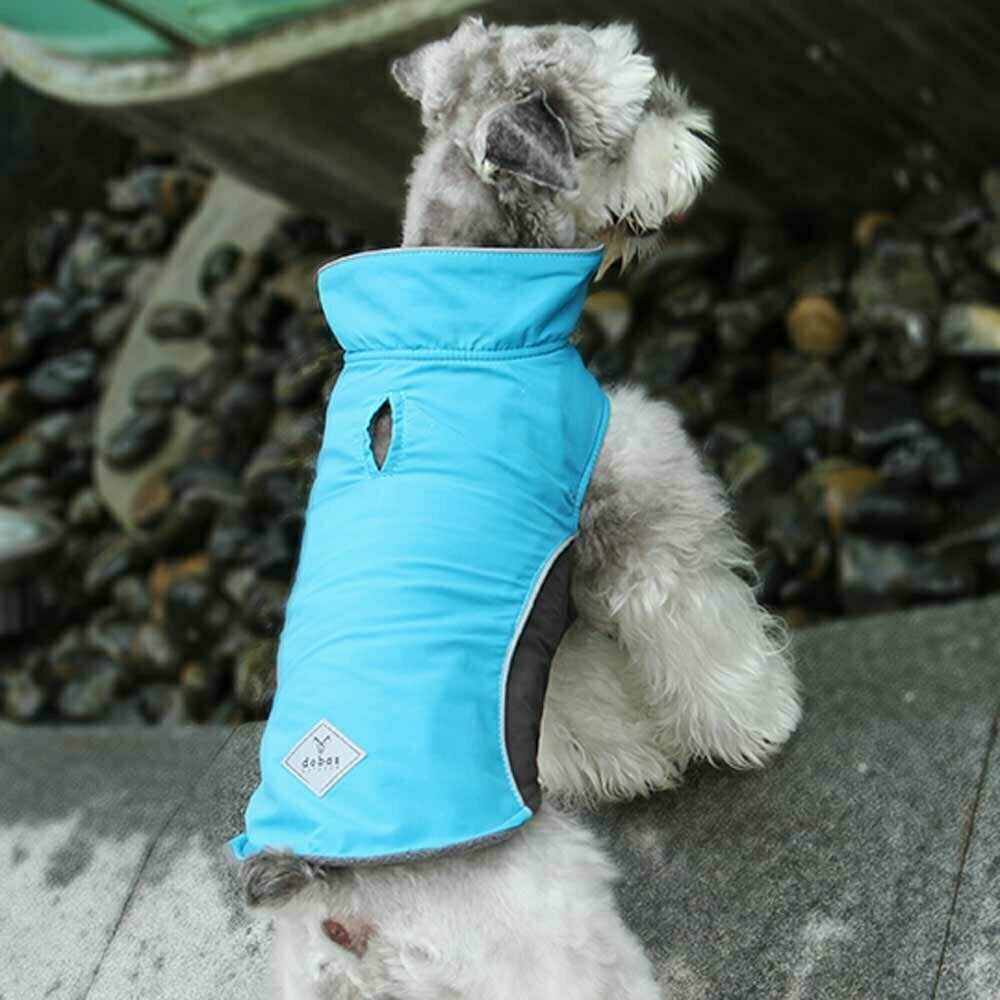 Zimski plašč za psa velike rasti - svetlo modra barva, visok ovratnik
