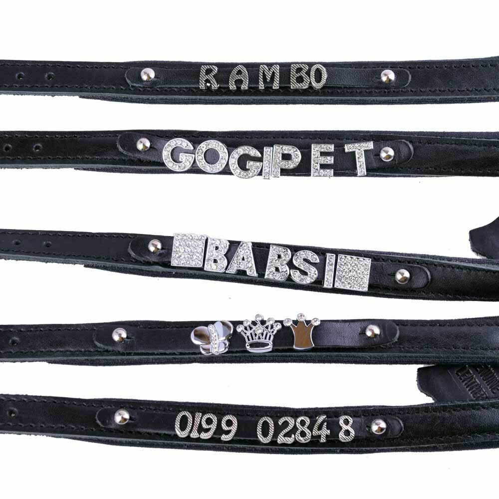GogiPet® usnjena ovratnica za imena in številke s kristali - črna barva