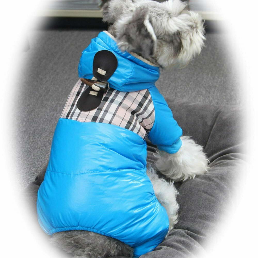 Zimski kombinezon za pse "Burberry Blue" - modra barva, okrasni gumb za zapenjanje kapuce