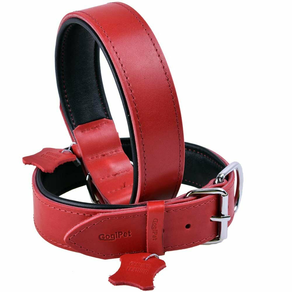 GogiPet® Mehka usnjena ovratnica za pse rdeča s 65 cm